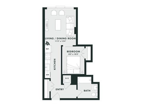 Floor plan for 1 bed, 1 bath, 530 sqft